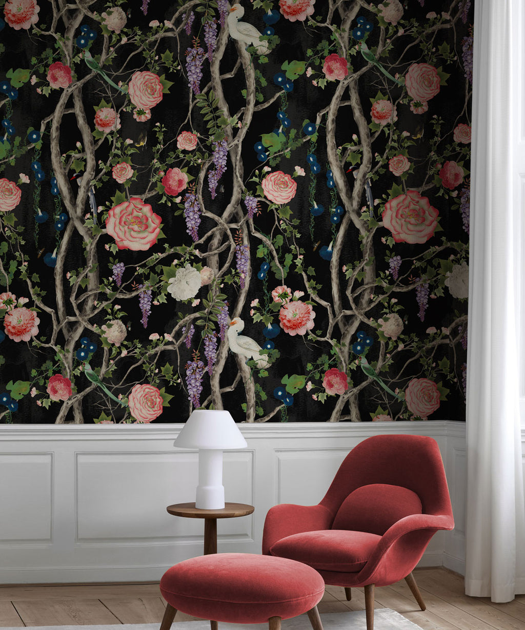 Empress Wallpaper • Romantic Wallpaper • Floral Wallpaper • Chinoiserie Wallpaper * Black color wallpaper insitu • Night