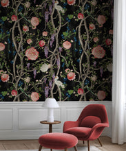 Load image into Gallery viewer, Empress Wallpaper • Romantic Wallpaper • Floral Wallpaper • Chinoiserie Wallpaper * Black color wallpaper insitu • Night