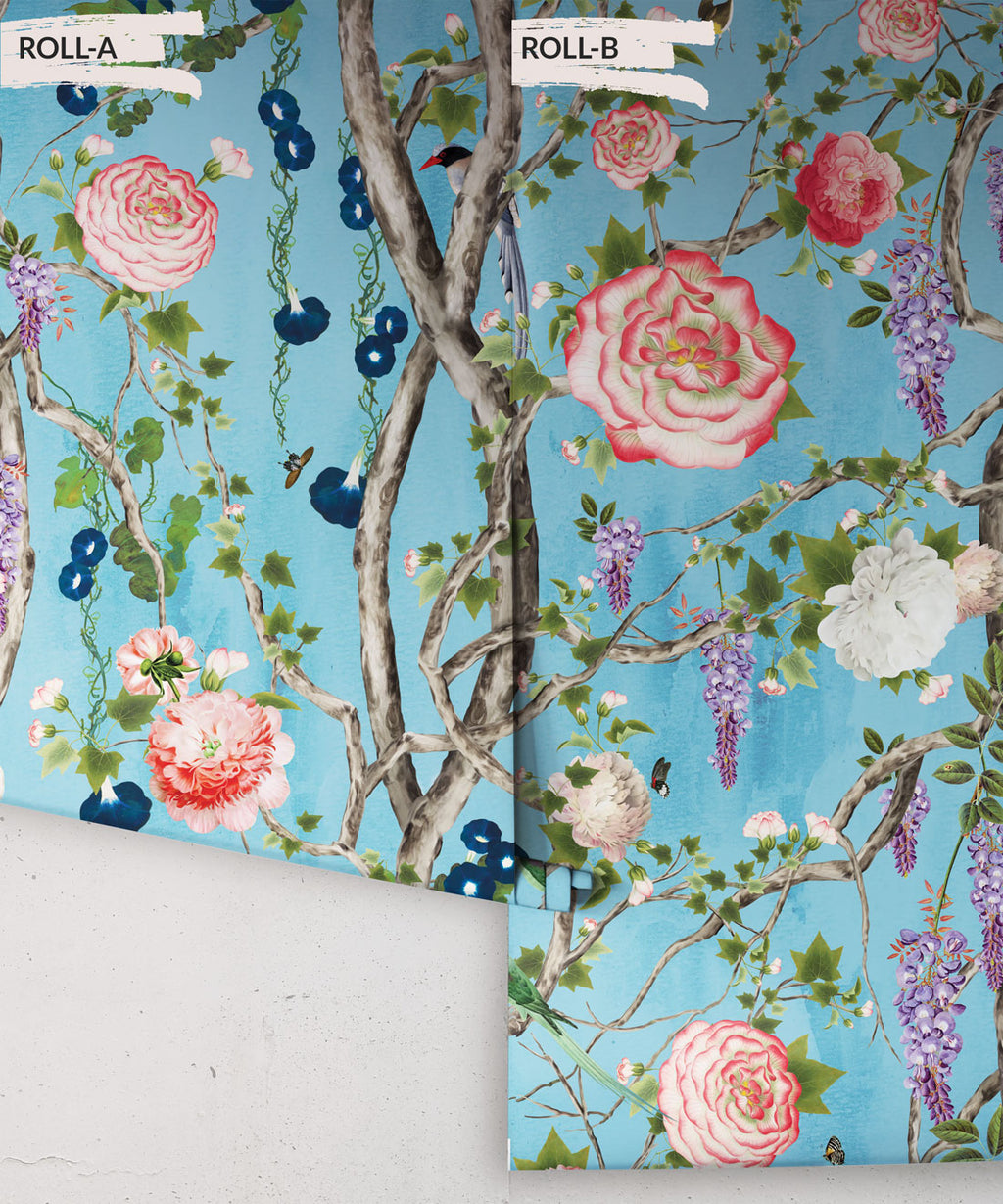 Empress Wallpaper • Romantic Wallpaper • Floral Wallpaper • Chinoiserie Wallpaper • Light Blue color wallpaper rolls• Sky