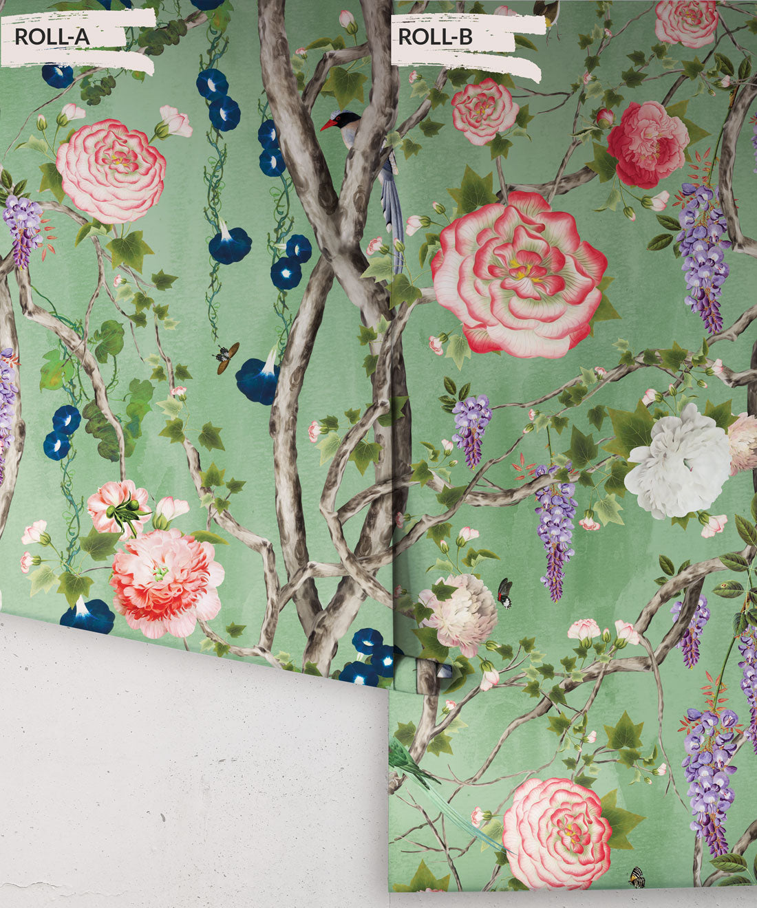 Empress Wallpaper • Romantic Wallpaper • Floral Wallpaper • Chinoiserie Wallpaper • Green color wallpaper rolls • Tea Garden