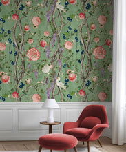 Load image into Gallery viewer, Empress Wallpaper • Romantic Wallpaper • Floral Wallpaper • Chinoiserie Wallpaper • Green color wallpaper insitu • Tea Garden