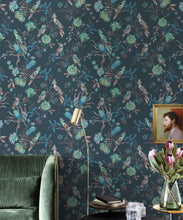 Load image into Gallery viewer, Matilda Wallpaper • Cockatoo, kookaburra • Australian Wallpaper • Milton &amp; King USA • Deep Blue Insitu
