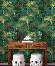 Load image into Gallery viewer, Copacabana Wallpaper • Tropical Bird Wallpaper • Oxford Blue • Insitu