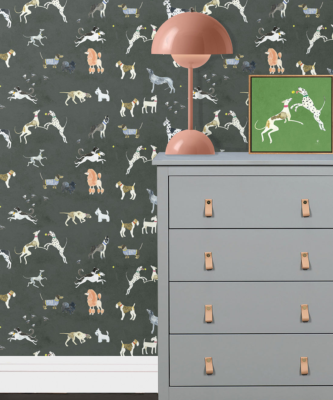 Doggies Wallpaper • Dog Wallpaper • Charcoal • Insitu with grey dresser and salmon lamp