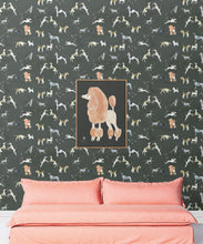 Load image into Gallery viewer, Doggies Wallpaper • Dog Wallpaper • Charcoal • Insitu with salmon colored sofa