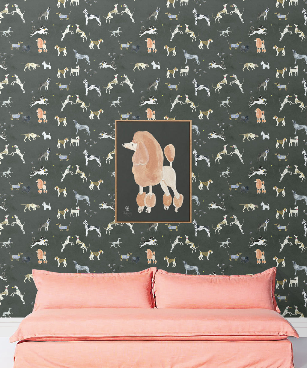 Doggies Wallpaper • Dog Wallpaper • Charcoal • Insitu with salmon colored sofa
