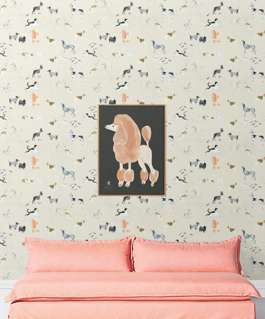 Doggies Wallpaper • Dog Wallpaper • Cream • Insitu with salmon colored sofa