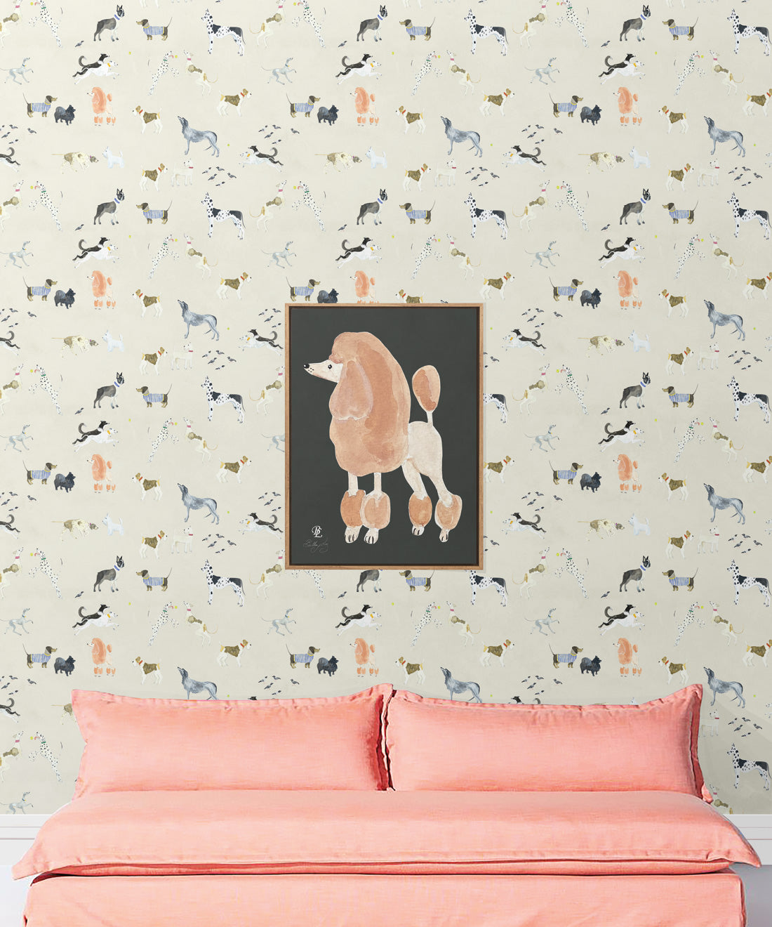 Doggies Wallpaper • Dog Wallpaper • Cream • Insitu with salmon colored sofa