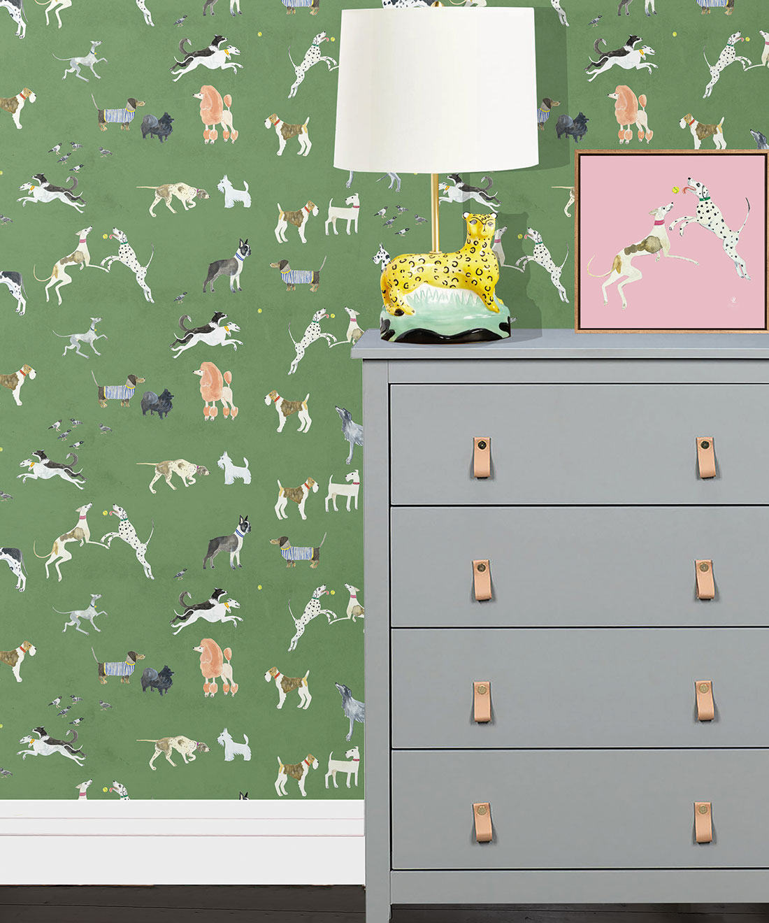 Doggies Wallpaper • Dog Wallpaper • Green • Insitu with grey dresser