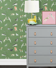 Load image into Gallery viewer, Doggies Wallpaper • Dog Wallpaper • Green • Insitu with grey dresser