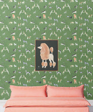 Load image into Gallery viewer, Doggies Wallpaper • Dog Wallpaper • Green • Insitu with salmon colored sofa