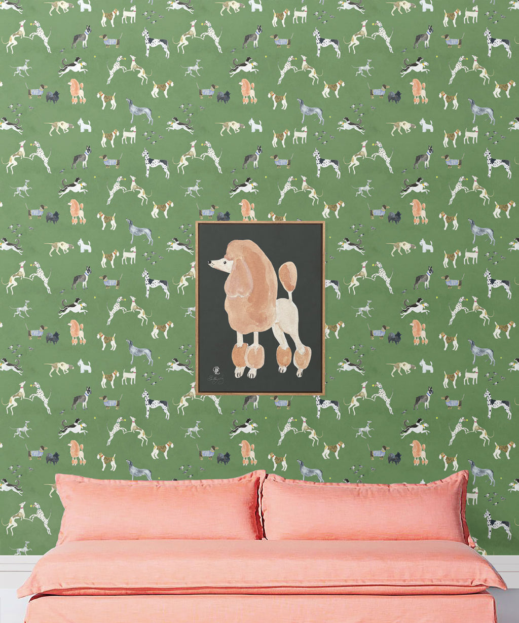 Doggies Wallpaper • Dog Wallpaper • Green • Insitu with salmon colored sofa