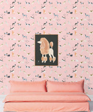 Load image into Gallery viewer, Doggies Wallpaper • Dog Wallpaper • Pink • insitu with salmon colored sofa