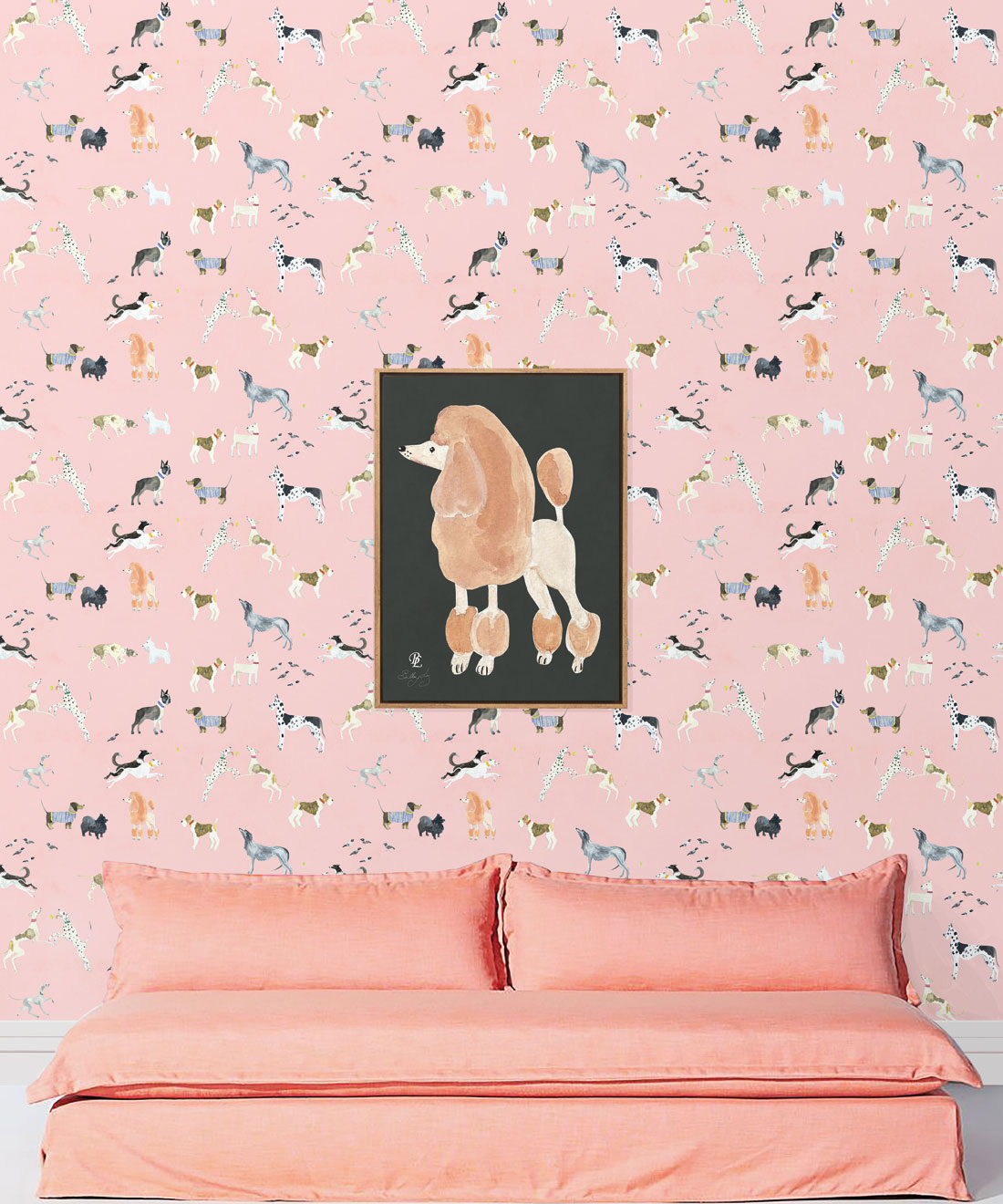 Doggies Wallpaper • Dog Wallpaper • Pink • insitu with salmon colored sofa
