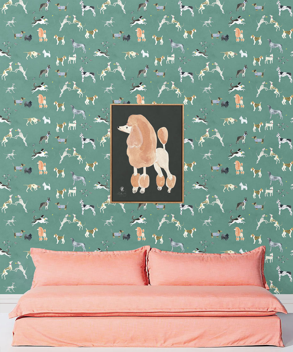 Doggies Wallpaper • Dog Wallpaper • Turquoise • Insitu with salmon colored sofa