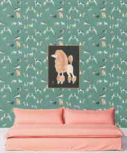Load image into Gallery viewer, Doggies Wallpaper • Dog Wallpaper • Turquoise • Insitu with salmon colored sofa