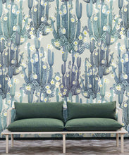 Load image into Gallery viewer, San Pedro Wallpaper Blue • Cactus Wallpaper • Succulents Wallpaper • Desert Wallpaper Insitu behind couch with green cushions