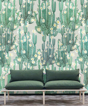 Load image into Gallery viewer, San Pedro Wallpaper Green • Cactus Wallpaper • Succulents Wallpaper • Desert Wallpaper Insitu behind sofa with green cushions