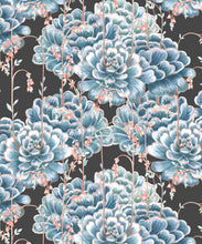Load image into Gallery viewer, Succulents Wallpaper Blue Charcoal • Cactus Wallpaper • Desert Wallpaper Swatch on black background