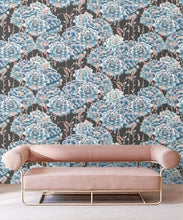 Load image into Gallery viewer, Succulents Wallpaper Blue Charcoal • Cactus Wallpaper • Desert Wallpaper Insitu on black background behind a sofa with pink cushions