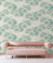 Load image into Gallery viewer, Succulents Wallpaper Green Beige • Cactus Wallpaper • Desert Wallpaper insitu on grey background behind sofa with pink cushions