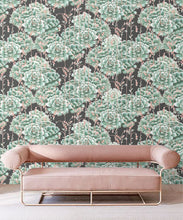 Load image into Gallery viewer, Succulents Wallpaper Green Charcoal • Cactus Wallpaper • Desert Wallpaper Insitu on black background behind pink sofa