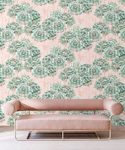 Load image into Gallery viewer, Succulents Wallpaper Green Pink • Cactus Wallpaper • Desert Wallpaper Insitu on pink background behind pink sofa