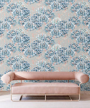 Load image into Gallery viewer, Succulents Wallpaper Steel Blue • Cactus Wallpaper • Desert Wallpaper Insitu on grey background behind pink sofa