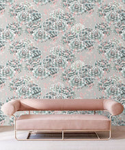 Load image into Gallery viewer, Succulents Wallpaper Sage • Cactus Wallpaper • Desert Wallpaper insitu on grey background behind pink sofa