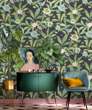 Load image into Gallery viewer, Summer Garden Wallpaper • Charcoal Wallpaper • Floral Wallpaper Insitu with green cabinet and blue chair