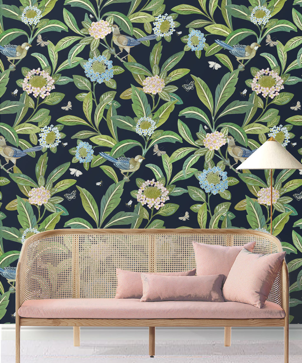Summer Garden Wallpaper • Original Wallpaper • Floral Wallpaper Insitu behind pink couch