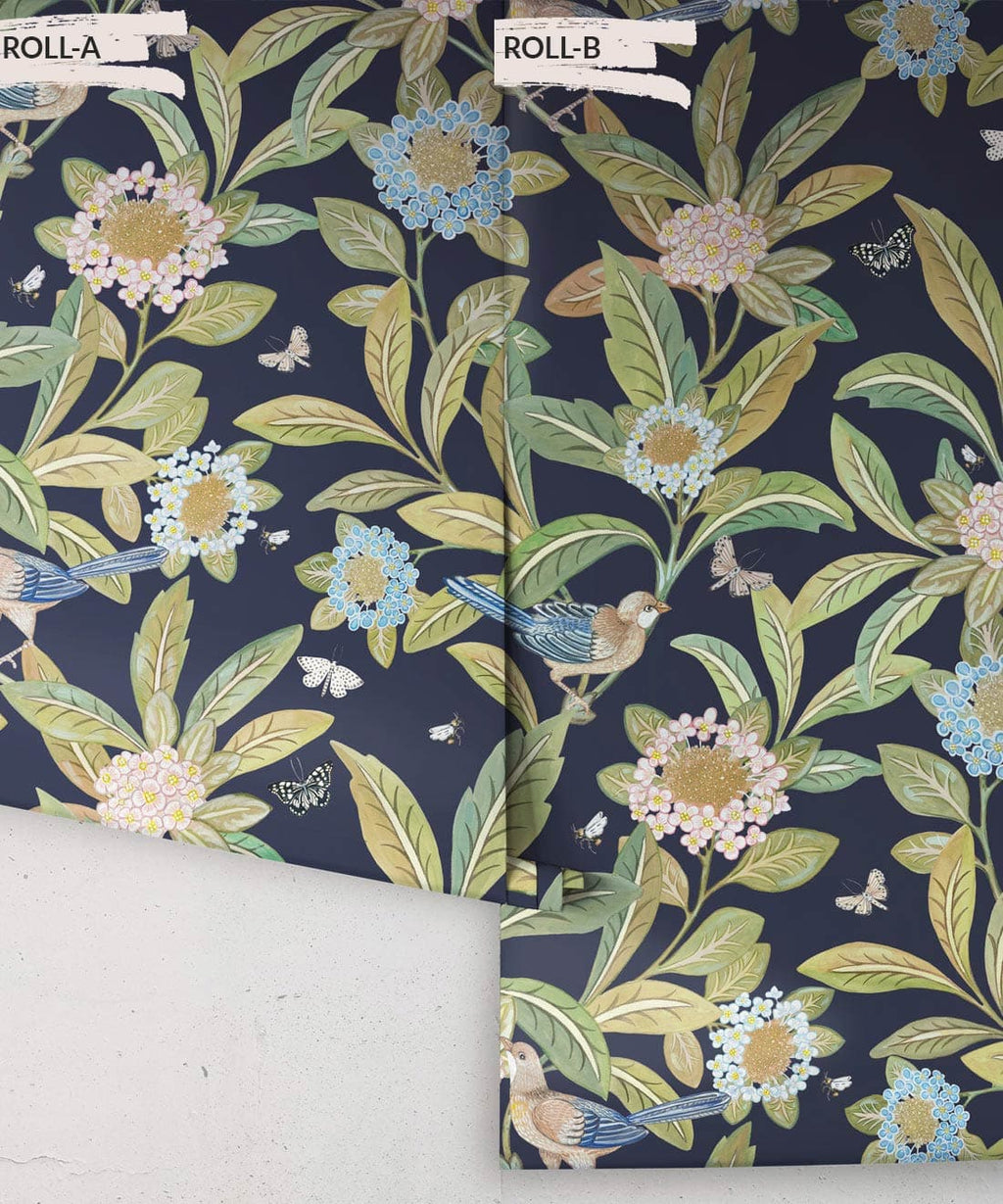 Summer Garden Wallpaper • Navy Wallpaper • Floral Wallpaper Rolls