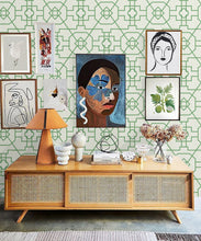 Load image into Gallery viewer, Trellis Wallpaper • Geometric Wallpaper • Ivory Wallpaper • Insitu with Cabinet