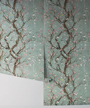Load image into Gallery viewer, Plum Blossom in Silver is a Japanese floral wallpaper
