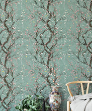 Load image into Gallery viewer, Plum Blossom in Silver is a Japanese floral wallpaper