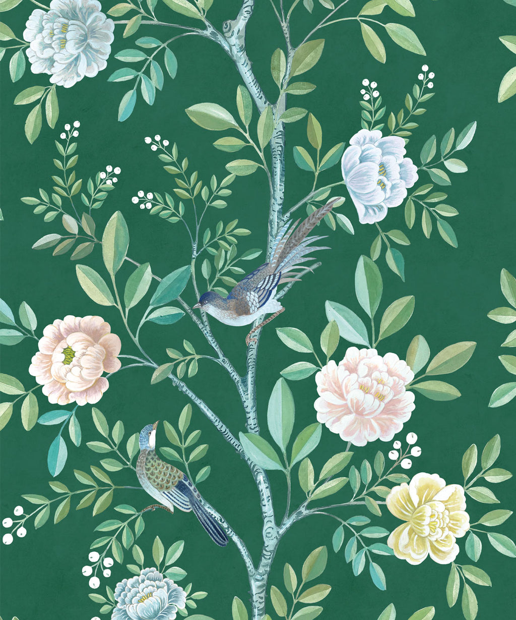 Chinoiserie Wallpaper • Floral Wallpaper • Bird Wallpaper • Magnolia • Emerald Green • Swatch