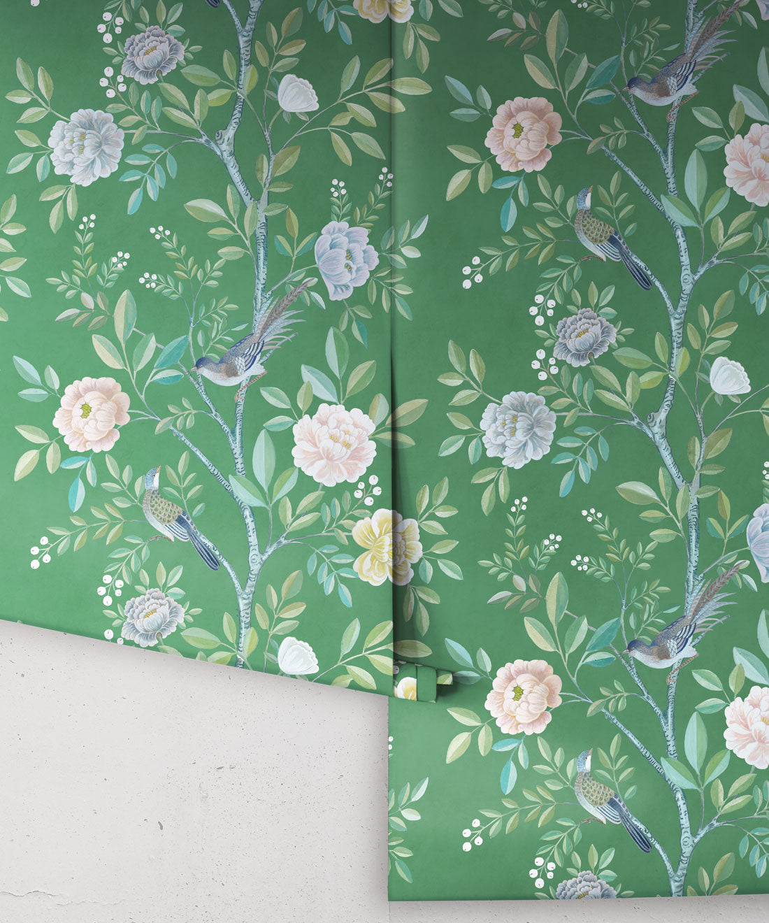 Chinoiserie Wallpaper • Floral Wallpaper • Bird Wallpaper • Magnolia • Forest Green • Rolls