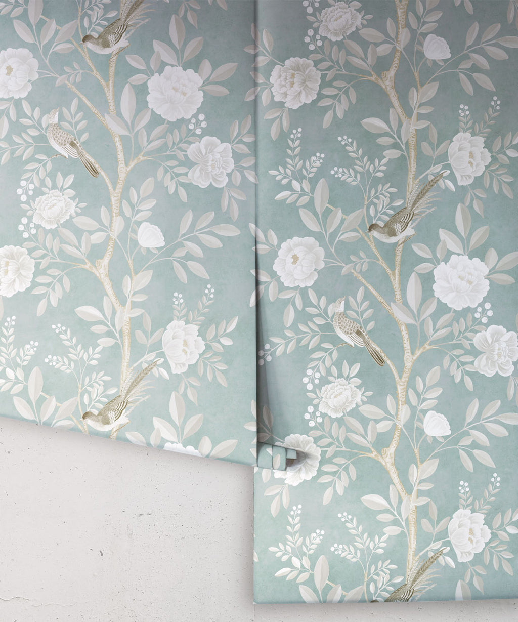Chinoiserie Wallpaper • Floral Wallpaper • Bird Wallpaper • Magnolia • Milk Green • Rolls