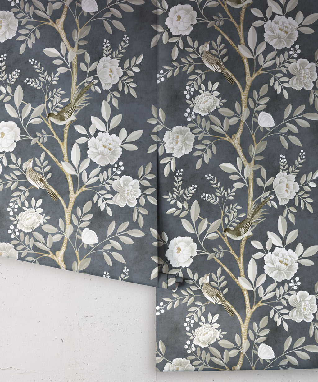 Chinoiserie Wallpaper • Floral Wallpaper • Bird Wallpaper • Magnolia • Navy • Rolls