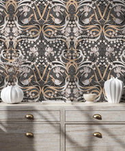 Load image into Gallery viewer, Bellbirds &amp; Iris Wallpaper • Black Marble • Insitu