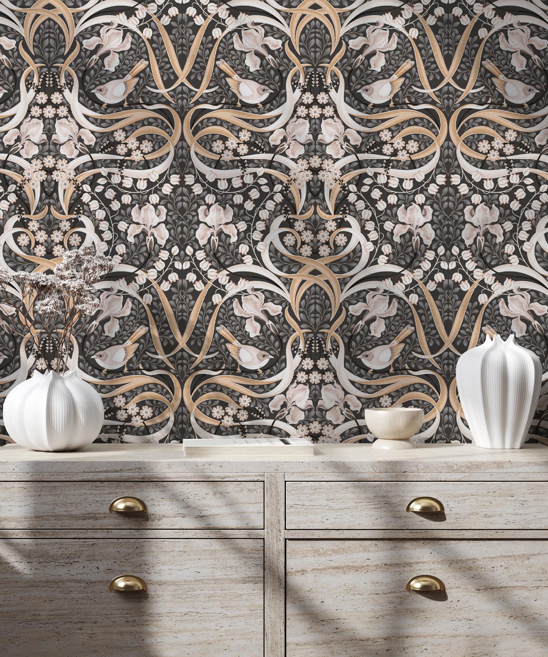 Bellbirds & Iris Wallpaper • Black Marble • Insitu