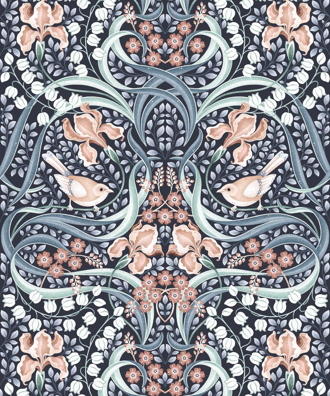 Bellbirds & Iris Wallpaper • Black Hydrangea • Swatch