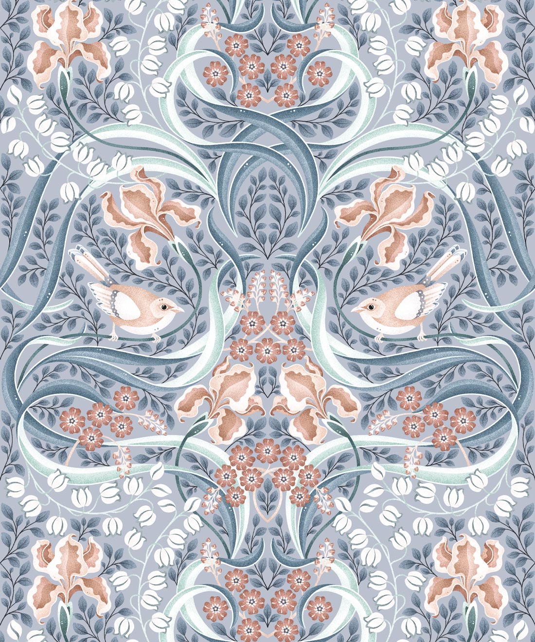 Bellbirds & Iris Wallpaper • Dusty Blue • Swatch