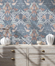 Load image into Gallery viewer, Bellbirds &amp; Iris Wallpaper • Dusty Blue • Insitu