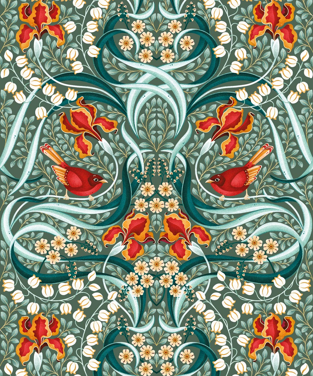 Bellbirds & Iris Wallpaper • Emerald • Swatch