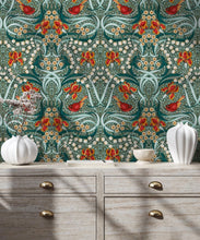 Load image into Gallery viewer, Bellbirds &amp; Iris Wallpaper • Emerald • Insitu