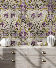 Load image into Gallery viewer, Bellbirds &amp; Iris Wallpaper • French Lavender • Insitu