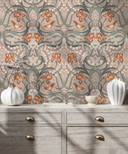 Load image into Gallery viewer, Bellbirds &amp; Iris Wallpaper • Pistachio • Insitu