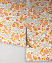 Load image into Gallery viewer, Faintails Wallpaper • New Zealand • Bird Wallpaper • Kowhai Tree • Kowhai Flowers • Orange Wallpaper • Light Colorway • Wallpaper Rolls