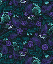 Load image into Gallery viewer, Faintails Wallpaper • New Zealand • Bird Wallpaper • Kowhai Tree • Kowhai Flowers • Dark Purple Blue Wallpaper • Midnight Colorway